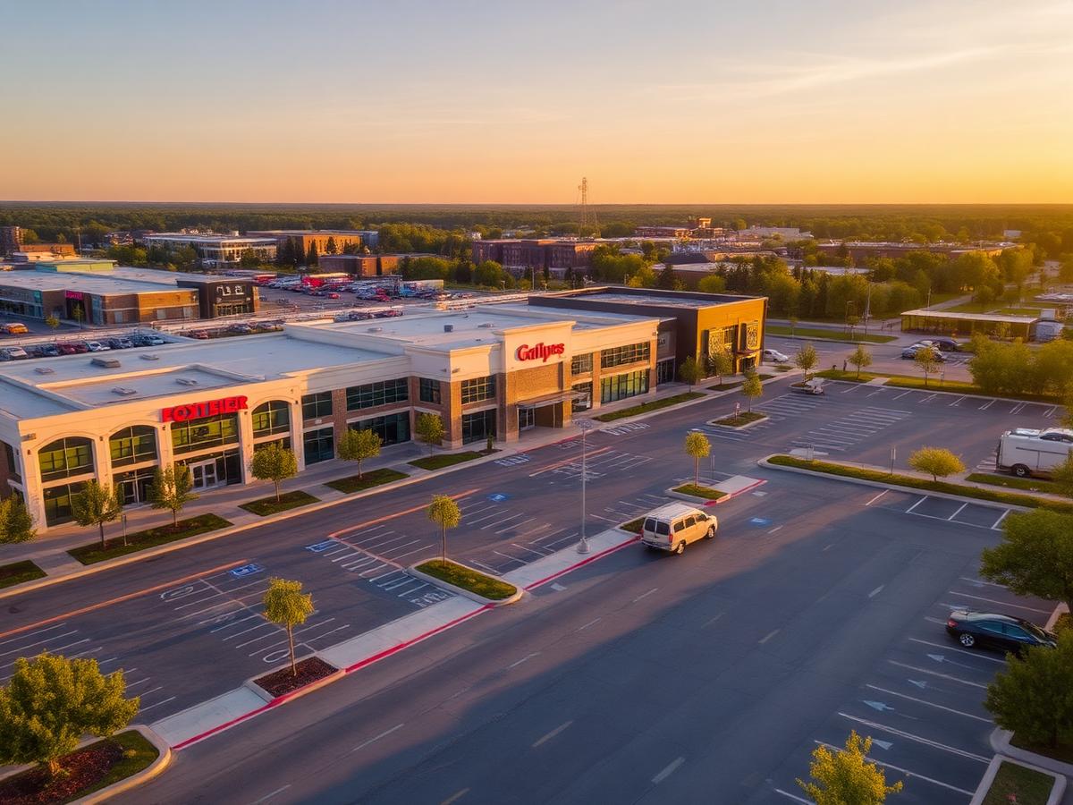 Aerial photograph of a commercial retail plaza